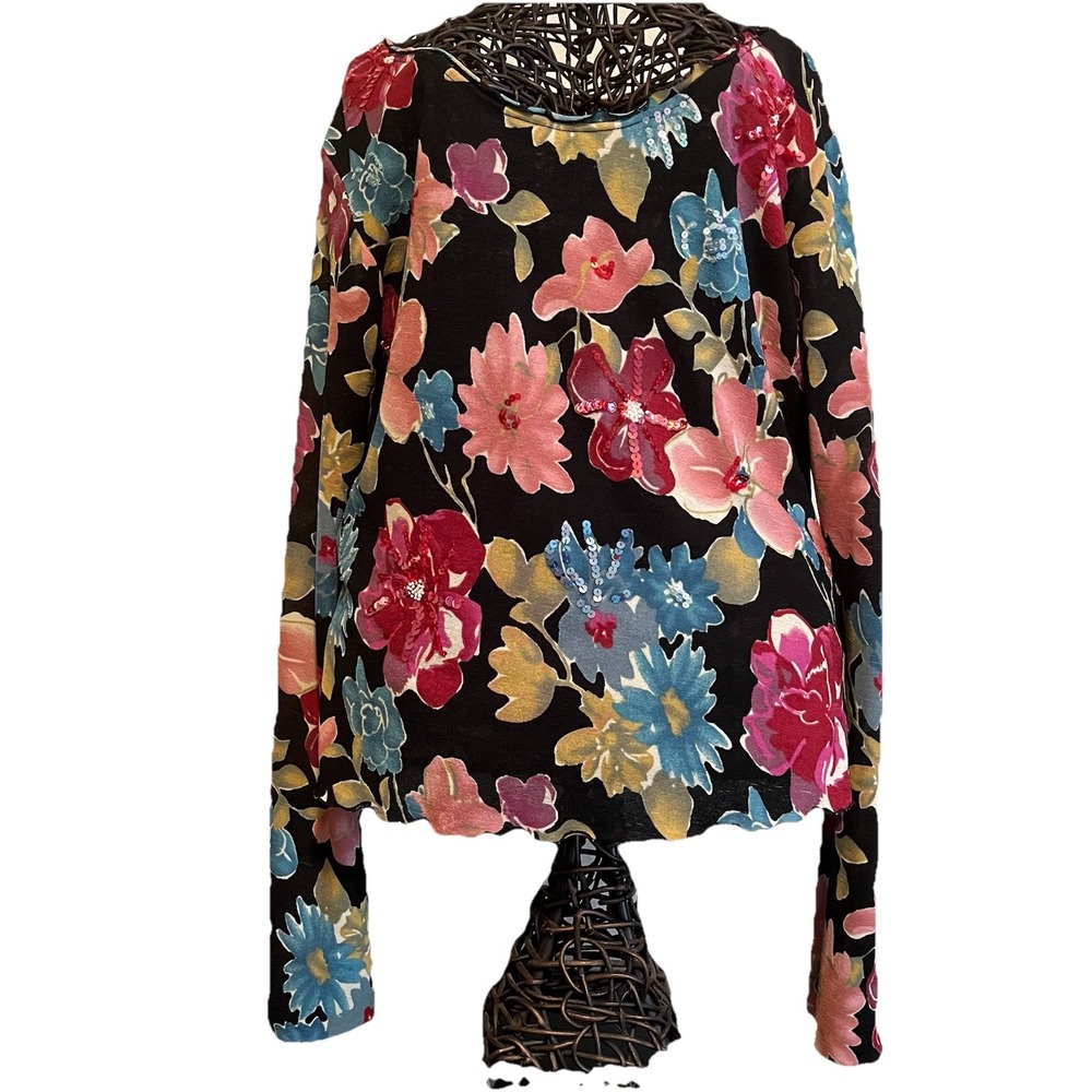 Haven Bleu Beaded Floral Top Women's‎ L Lettuce Edge Bell Sleeve Sequin Feminine